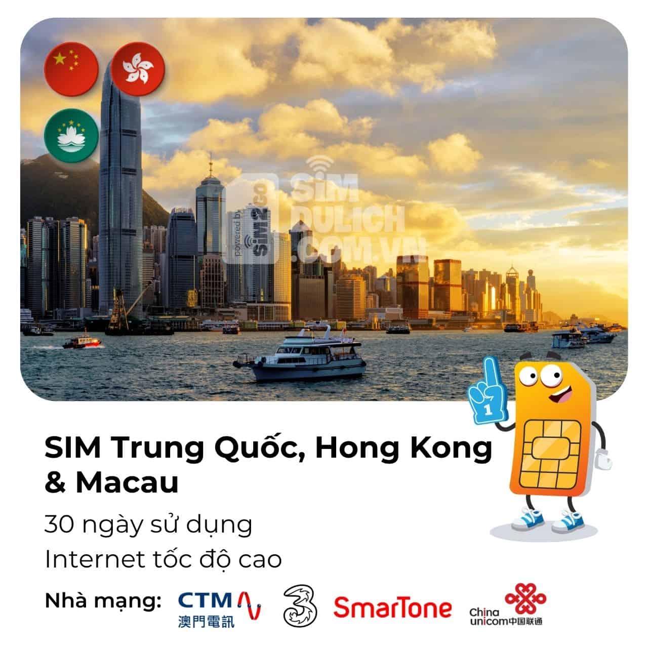 Sim du lịch Trung Quốc, Hong Kong, Macau 30 ngày 10GB - 50GB